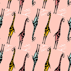 Giraffe vector seamless pattern with trees. Safari wild animal background for textile, wrapping. 