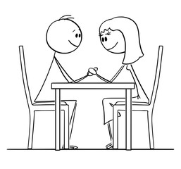 Cartoon stick figure drawing conceptual illustration of loving couple of man and woman sitting behind table in restaurant, holding hands and looking at eyes.