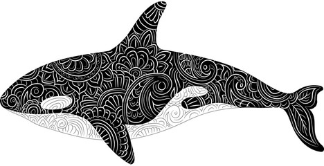 Vector illustration hand drawn of killer whale or orca Ethnic pattern. Meditative coloring. Mandala drawing. Drawing from the hand. © REYYARTS