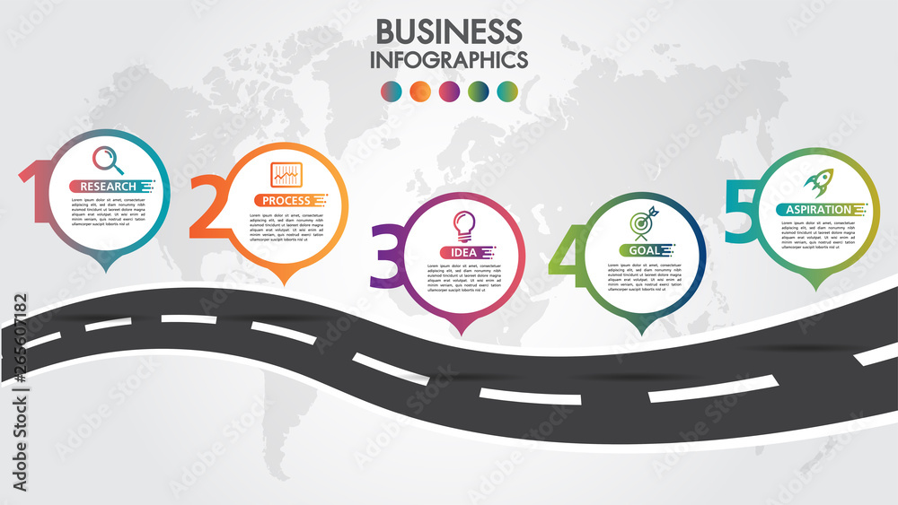 Wall mural business infographic road design template with icons colorful pin pointer and 5 numbers options. can