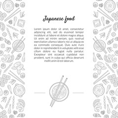 Japanese Food Banner Template with Place for Text and Asian Cuisine Hand Drawn Pattern, Card Template For Restaurant or Cafe Menu Vector Illustration
