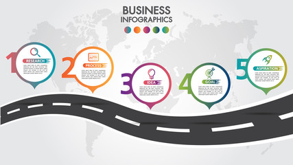 Business Infographic road design template with icons colorful pin pointer and 5 numbers options. Can be used for process presentations, workflow layout, diagram, banner.