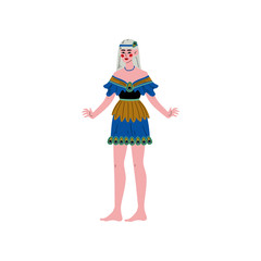 Beautiful Young Woman Wearing Dress Decorated with Peacock Feathers Vector Illustration