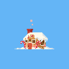 Obraz premium Pixel gingerbread house with snow.Christmas.8bit.