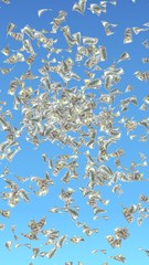 Flying dollars banknotes isolated on a blue background. Money is flying in the air. 100 US banknotes new sample. 3D illustration