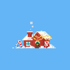 Pixel house with christmas home decor and snow.8bit.