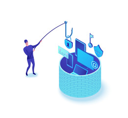 Phishing attack concept, data theft 3d isometric vector illustration, man fishing information, cyber crime, hacking, computer security, criminal people, software safety