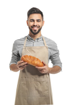 Baker With Fresh Bread On White Background