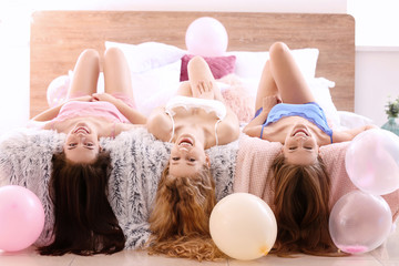 Beautiful young women during hen party at home - obrazy, fototapety, plakaty