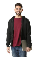 Male programmer with laptop on white background