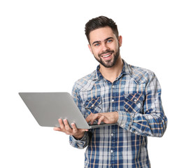 Male programmer with laptop on white background