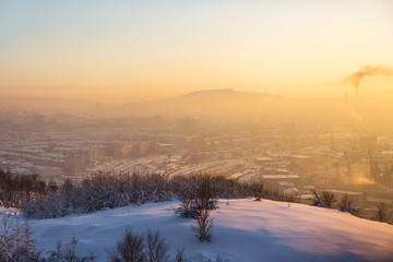 Murmansk city from hill. Winter evening