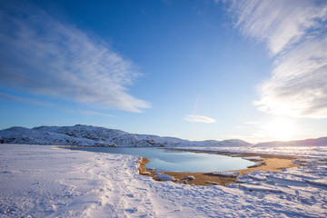 Guba Voronya bay. Kola Peninsula winter landscape