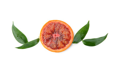 Slice of fresh blood orange on white background