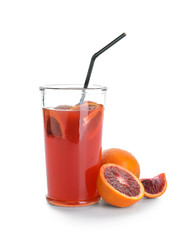 Glass of fresh blood orange juice on white background