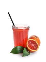 Glass of fresh blood orange juice on white background