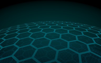 Multilayer sphere of honeycombs, green on a dark background, social network, computer network, technology, global network. 3D illustration