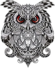 Eagle owl. Birds. Black white hand drawn doodle. Ethnic patterned illustration. African, indian, totem, tribal, design. Sketch for adult antistress coloring page, tattoo, poster, print, t-shirt 