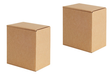 Cardboard boxes of various sizes are arranged in a row diagonally. Isolated on a white background.