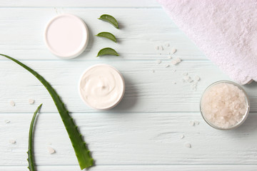cream with aloe vera on a light background. Aloe vera skin care. Moisturizing and skin care.