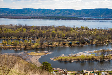 Fototapeta premium spring, nature, walk, landscape, flora, river, water, mountains, space, distance, landscape, trees, forest, sky, meadow, houses, clouds, beauty