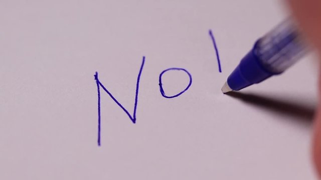 A man's hand writes the word NO with an exclamation mark on a white sheet of paper. Disclaimer Concept