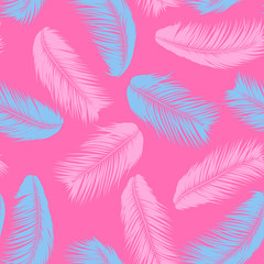 Fototapeta na wymiar Feathers Seamless Pattern. Tropical Background. Jungle Foliage in Pastel Color Design. Abstract Exotic Wallpaper with Palm Leaves. Pink Feathers for Design, Cloth, Fabric, Textile. EPS10 Vector.