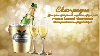 Anniversary celebration, romantic dinner in restaurant realistic vector invitation, greeting card. Elite champagne ad banner. Opened bottle in ice, two wineglasses filled sparkling wine illustration © vectorpocket