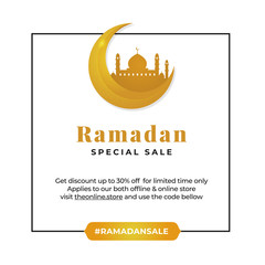 Fototapeta premium simple ramadan sale background template design. mosque in the crescent moon vector illustration with square line frame and typography text.