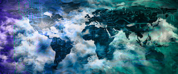 Cloud computing, digital global technology concept, abstract background. World map with circuit...