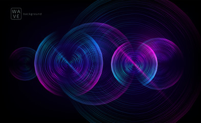 Abstract digital future wave lines vector background in circle shape. Tech music sound concept. Electronic light rounds illustration on black backdrop