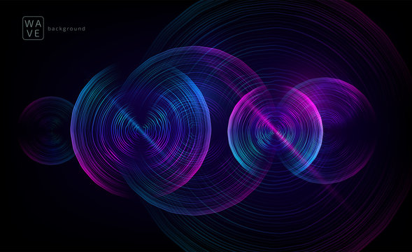 Abstract digital future wave lines vector background in circle shape. Tech music sound concept. Electronic light rounds illustration on black backdrop