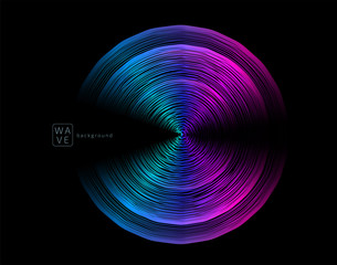 Abstract digital future wave lines vector background in circle shape. Tech music sound concept. Electronic light rounds illustration on black backdrop