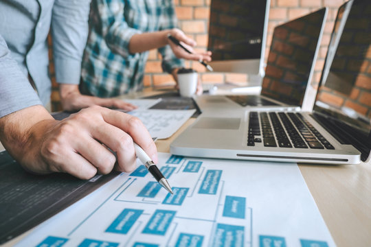 Professional Developer programmer cooperation meeting and brainstorming and programming in website working a software outsourcing and coding technology, writing codes and database