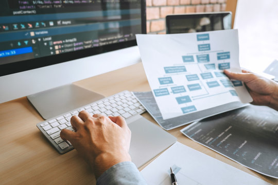 Professional Developer programmer working a software website design and coding technology, writing codes and database in company office, Global cyber connection technology