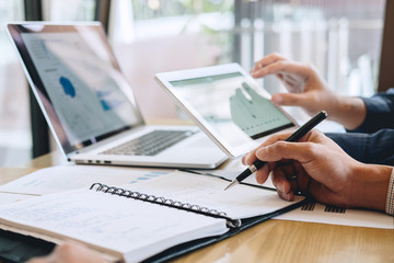 Group of coworker work together office, business casual making conversation with partner presentation project at meeting working and analysis, Idea presentation and strategy plan of business