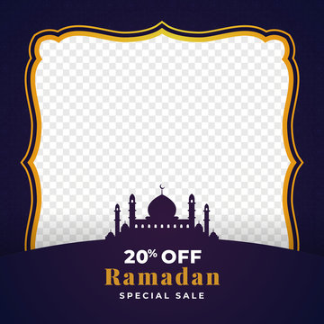 20% off ramadan special sale background template design with transparent space for image place holder. great mosque silhouette ornament vector illustration