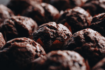 Housewife holding oven-tray with chocolate cupcakes, close up