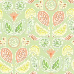 Colorful pastel citrus fruit and leaves damask design in a folk art style. Seamless vector pattern.