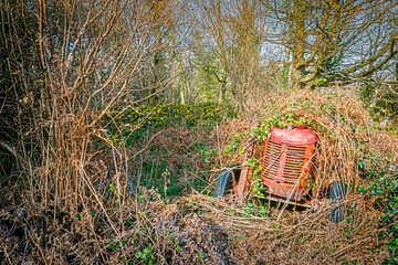 Abandoned Tractor overgrown in a field