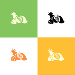 Vector set of exotic fruits: pineaple, passionfruit, mango and leaf of monstera. On white, green and yellow backgrounds.