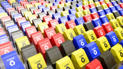 Fototapeta premium huge number of trash cans standing in even rows, 3d illustration