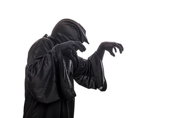 Spooky monster in hooded cloak isolated on white background