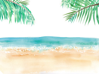 Fototapeta na wymiar ヤシの木のあるビーチの休日　水彩イラスト