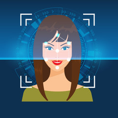 Face Recognition or Faceprint technology scanning woman's face with Abstract Tech Background.