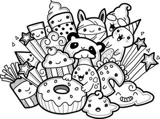 Vector illustration hand drawn of cute doodle monster cake party