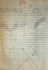 Aging, worn paper with geometrical drawings