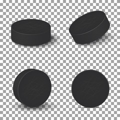 Hockey pucks isolated on transparent background. Set of ice hockey pucks.Vector illustration - obrazy, fototapety, plakaty