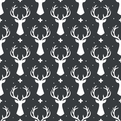 Reindeer seamless pattern background, deer head silhouette with antlers, modern scandinavian background, nordic style