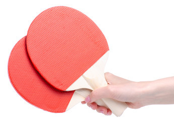 Racket for playing table tennis in hand on a white background. Isolation